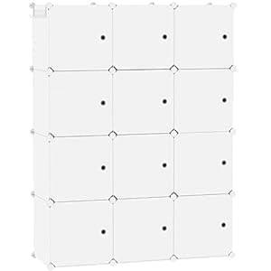 C&AHOME Würfelförmiger Aufbewahrungs-Organizer mit Türen, 12-Würfel-Regalbretter, Schrankschrank, DIY-Modul-Bücherregal aus Kunststoff, 36,6″ L x 12,4″ B x 48,4″ H, milchig, USHS3012M-DOOR