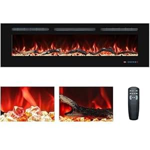 50 Inch/127cm Elektrokamin, Einbau- und Wandkaminheizung, Thermostat, linearer Kamin mit Fernbedienung und Touchscreen, mehrfarbige Flamme, Timer, Hölzer und Kristalle, 750 W/1500 W