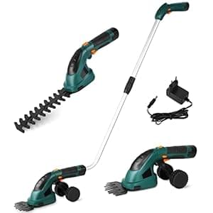 Akku-Grasschere 7,2V 2000mAh 2-in-1 Rasenschere Heckenschere mit Teleskopstiel Akku und Ladegerät Strauchtrimmer handliche Grasscheren mit 2 Verschiedene Messer