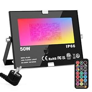 ChangM RGB LED Strahler Fluter Außen Mit Fernbedienung Objektbeleuchtung 1er Pack 50W LED Fluter Flutlichtstrahler, IP66 Wasserdicht Flutlicht, Garten Stimmungslichter